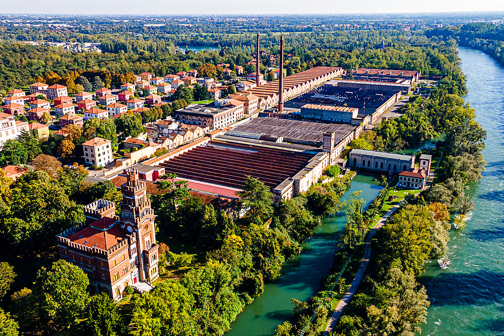 Aerial of the company town of Crespi d'Adda, UNESCO World Heritage Site, Lombardy, Italy, Europe