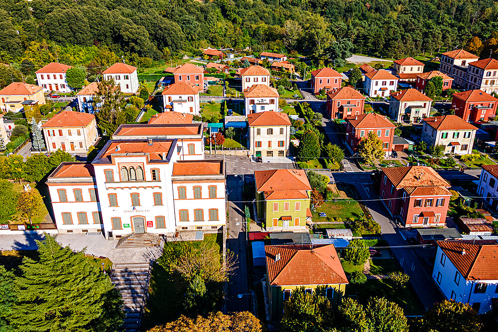 Aerial of the company town of Crespi d'Adda, UNESCO World Heritage Site, Lombardy, Italy, Europe