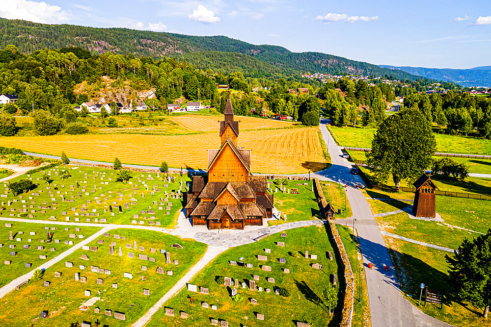 Aerial of Heddal Stave Church, Notodden, Vestfold og Telemark, Norway, Scandinavia, Europe