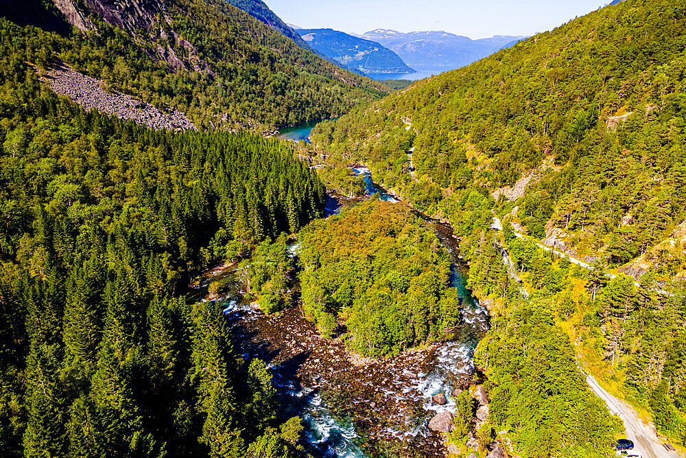 Aerial of the valley of Tveitafossen waterfall, Kinsarvik, Vestland, Norway, Scandinavia, Europe