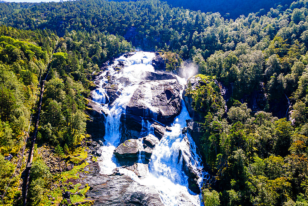 Aerial of Tveitafossen waterfall, Kinsarvik, Vestland, Norway, Scandinavia, Europe