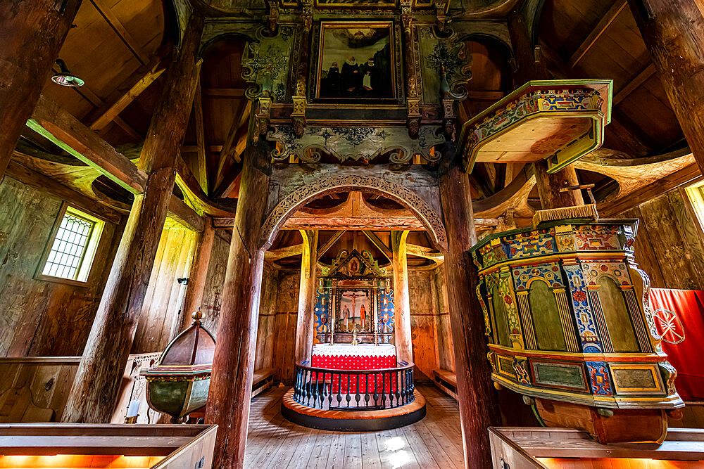 Interior of Kaupanger Stave Church, Kaupanger, Vestland, Norway, Scandinavia, Europe