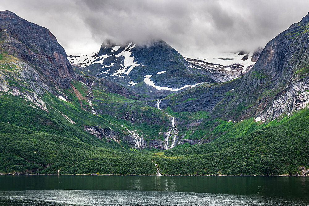 Rugged mountains around Svartisen glacier, Kystriksveien Coastal Road, Norway, Scandinavia, Europe