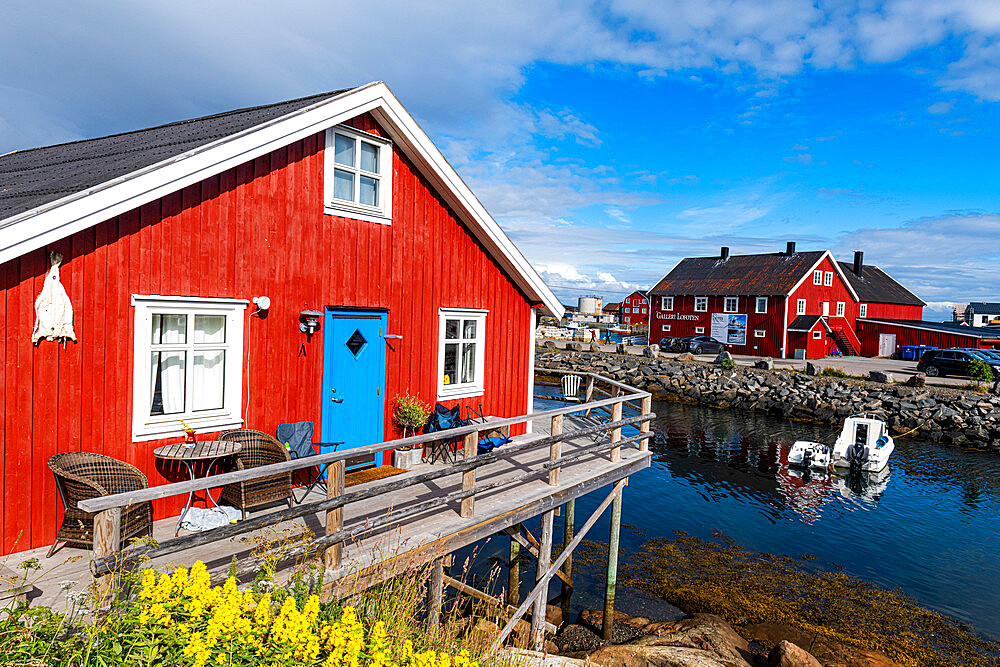 Typical red houses in the harbour of Henningsvaer, Lofoten, Nordland, Norway, Scandinavia, Europe