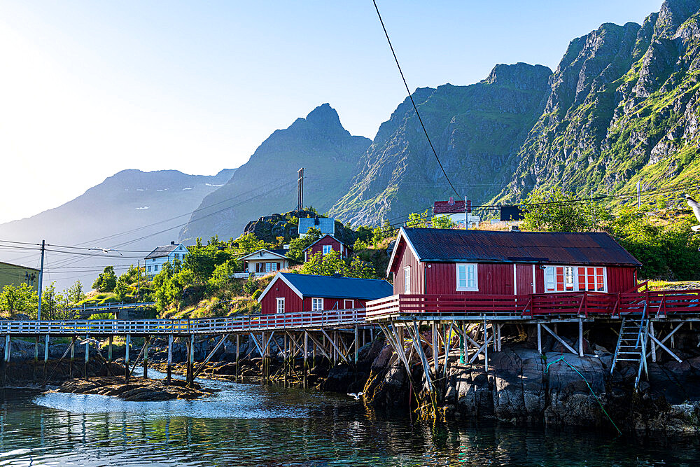 Typical red houses in the village of A, Lofoten, Nordland, Norway, Scandinavia, Europe