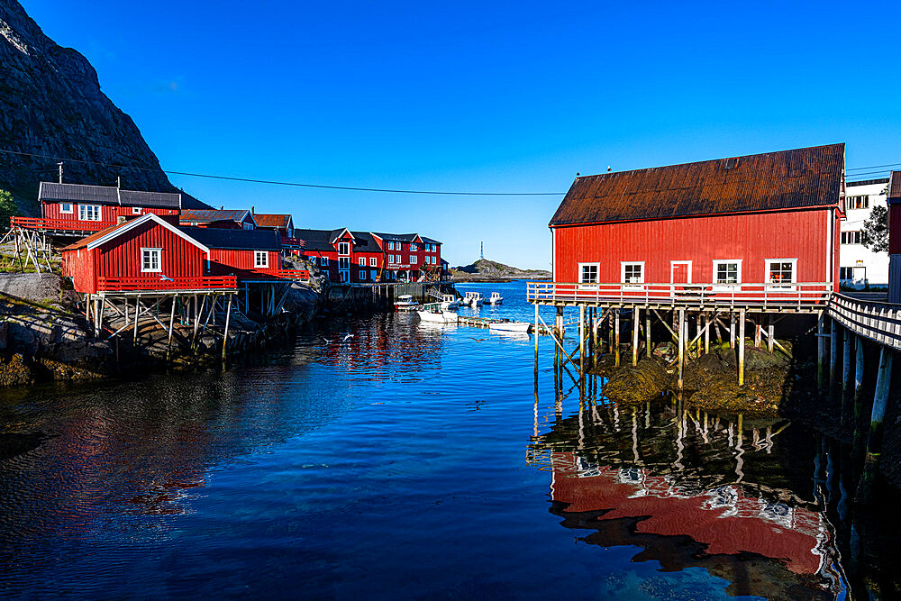 Typical red houses in the village of A, Lofoten, Nordland, Norway, Scandinavia, Europe