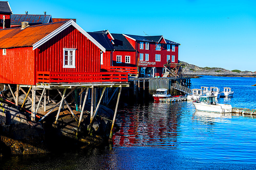 Typical red houses in the village of A, Lofoten, Nordland, Norway, Scandinavia, Europe