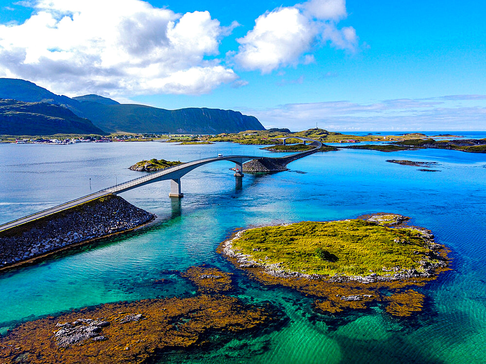 Aerial of Fredvang Bro bridge, Ramberg, Lofoten, Nordland, Norway, Scandinavia, Europe