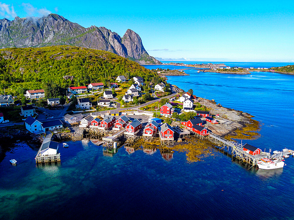 Aerial of Reine and Reinefjord, Lofoten, Nordland, Norway, Scandinavia, Europe