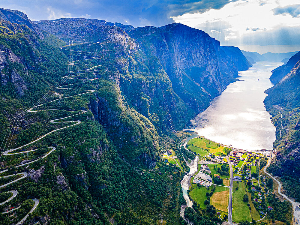 Zigzag road leading down to Lysebodn, at the end of Lystrefjord (Lysefjord), Rogaland, Norway, Scandinavia, Europe