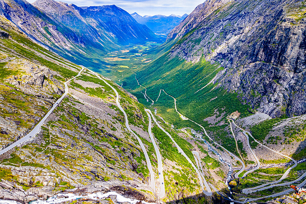 Trollstigen mountain road from the air, Norway, Scandinavia, Europe