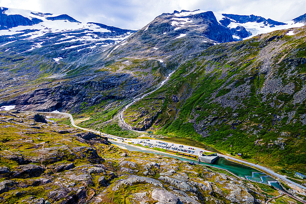 Trollstigen mountain road from the air, Norway, Scandinavia, Europe