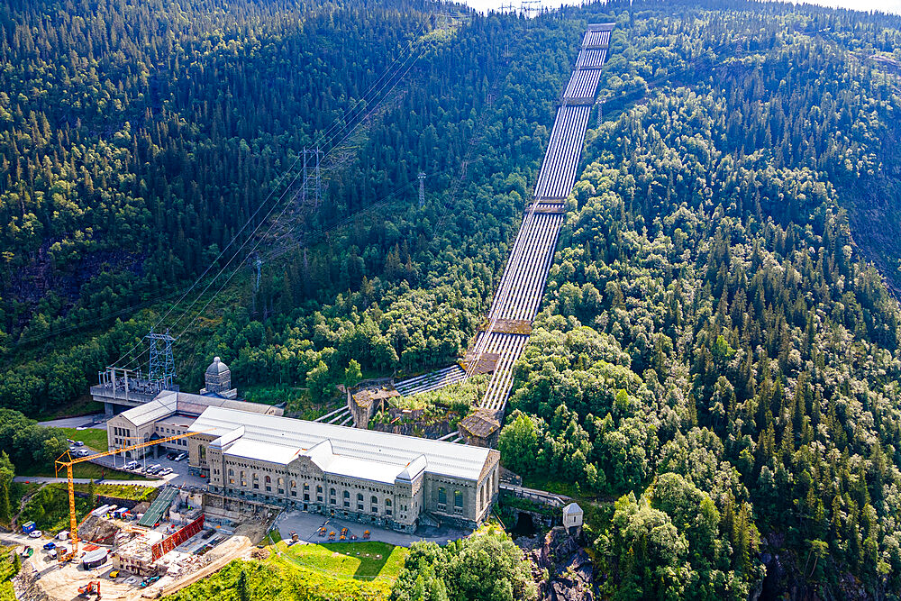 Aerial of the Hydroelectric power station, Rjukan-Notodden Industrial Heritage Site, UNESCO World Heritage Site, Vestfold and Telemark, Norway, Scandinavia, Europe