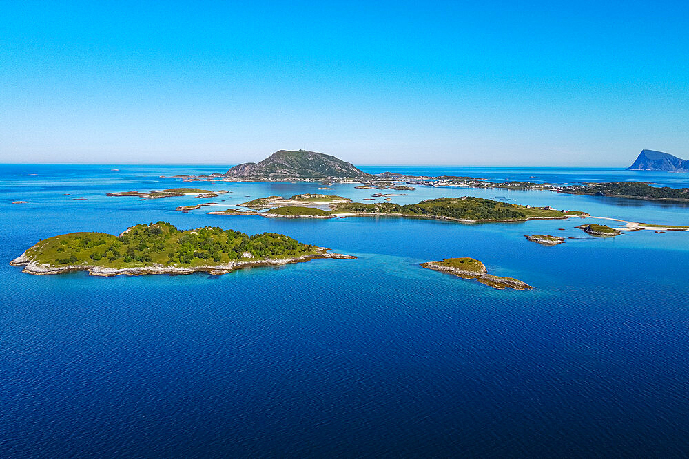 Aerial of Brensholmen with its turquoise waters, Senja scenic road, Norway, Scandinavia, Europe