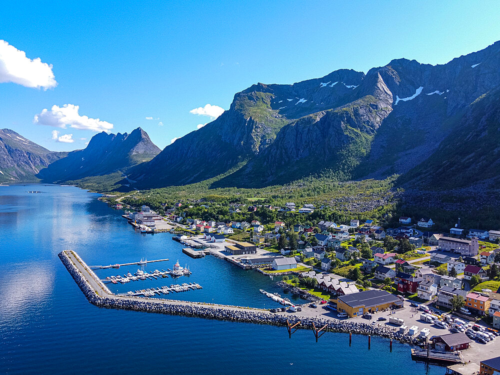 Aerial of Gryllefjord, Senja, Senja scenic road, Norway, Scandinavia, Europe