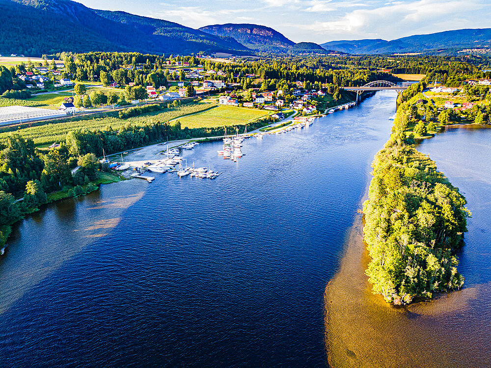 Aerial of the Norsjofjord at Akkerhauge, Telemark Canal, Norway, Scandinavia, Europe