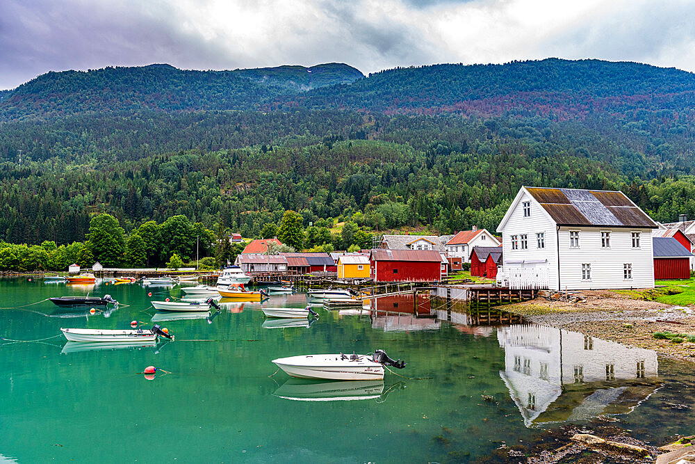 Little boats in the harbour of Solvorn, Norway, Scandinavia, Europe