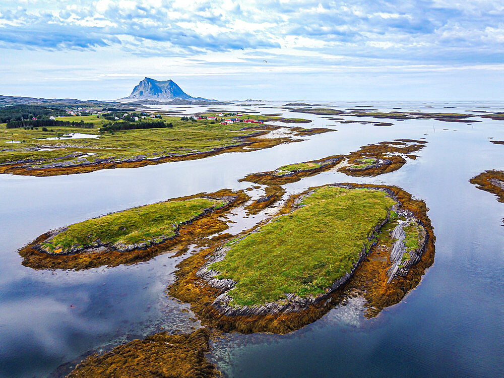 Aerial of the rugged coastline of the UNESCO World Heritage Site, the Vega Archipelago, Norway, Scandinavia, Europe