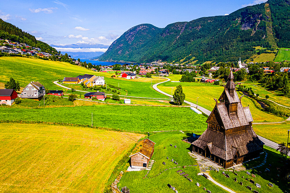 Aerial of the Hopperstad Stave Church, Vikoyri, Norway, Scandinavia, Europe