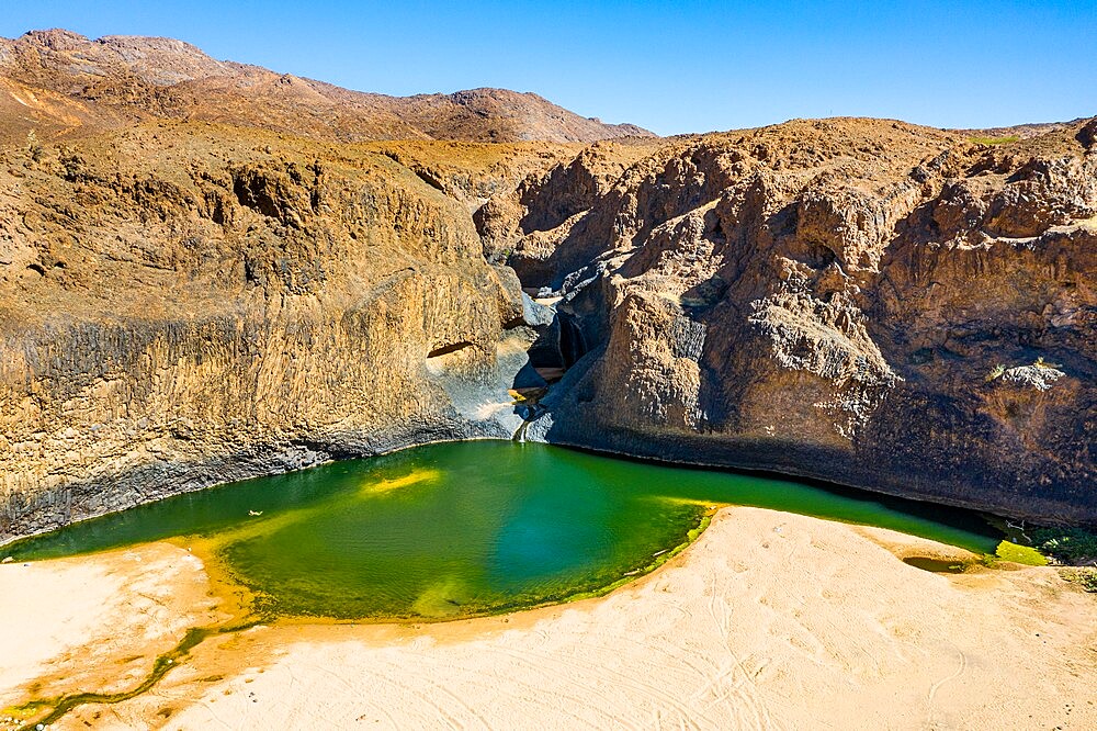 Aerial of the Timia waterfall, Oasis of Timia, Air Mountains, Niger, Africa