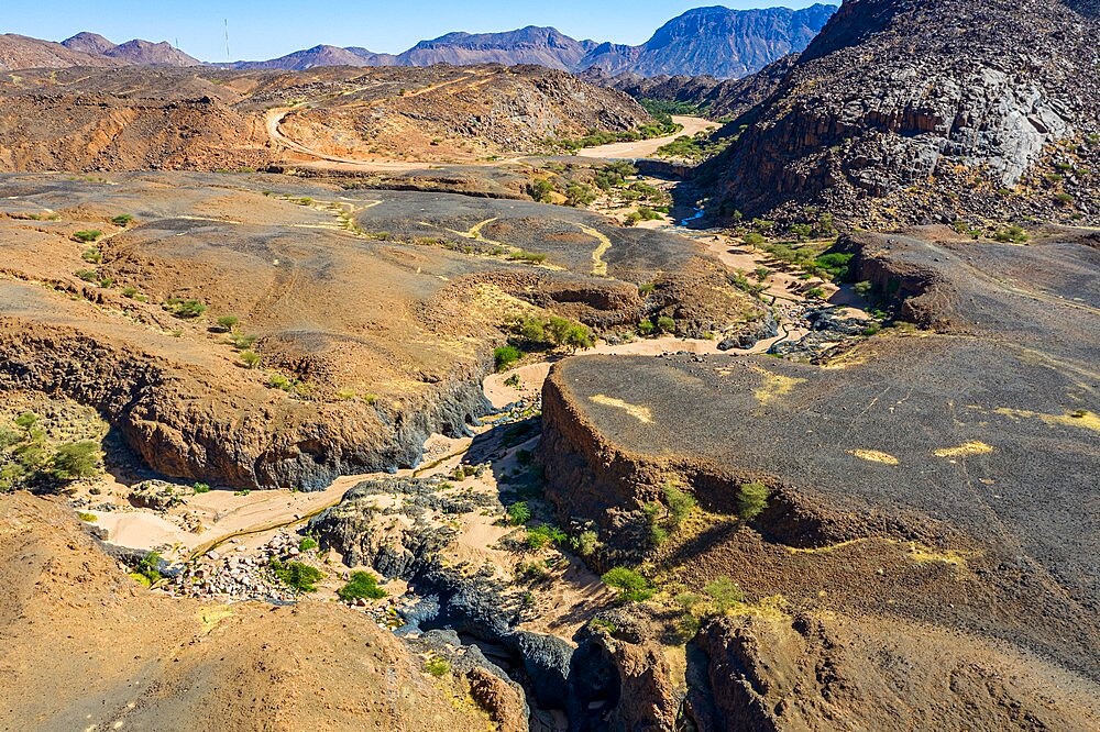 Aerial of the gorge over the Timia waterfall, Oasis of Timia, Air Mountains, Niger, Africa