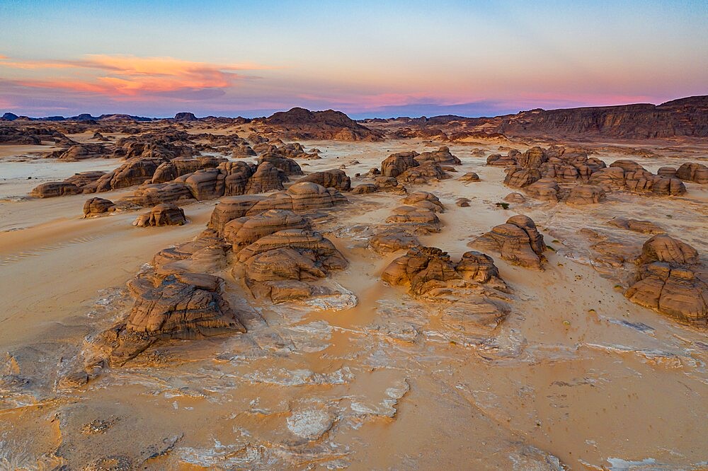 Aerial from the Djado Plateau at sunset, Tenere Desert, Sahara, Niger, Africa