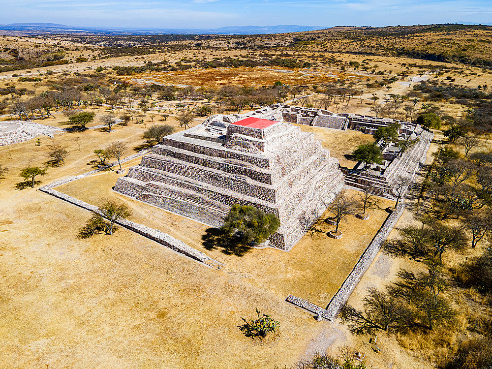 Aerial of the archaeological site of Canada de la Virgen, Guanajuato, Mexico, North America