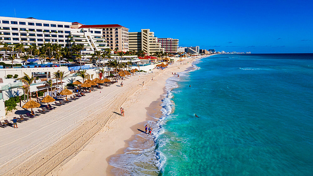 Aerial of the hotel zone with the turquoise waters of Cancun, Quintana Roo, Mexico, North America