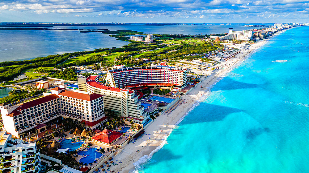 Aerial of the hotel zone with the turquoise waters of Cancun, Quintana Roo, Mexico, North America