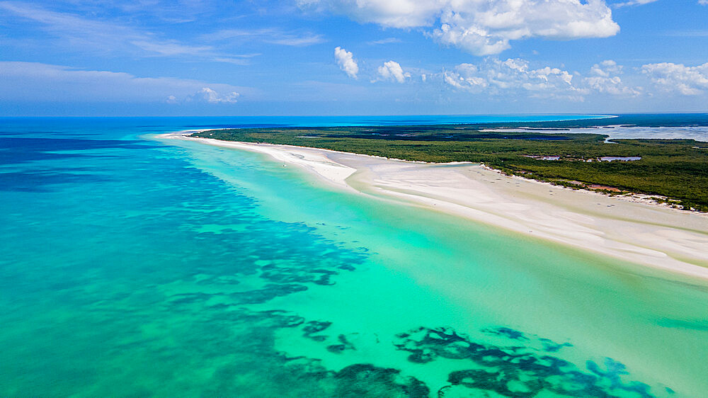 Aerial of the turquoise waters and white sands of Holbox island, Yucatan, Mexico, North America