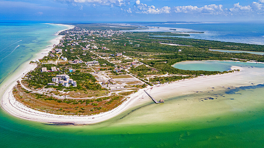 Aerial of the turquoise waters and white sands of Holbox island, Yucatan, Mexico, North America