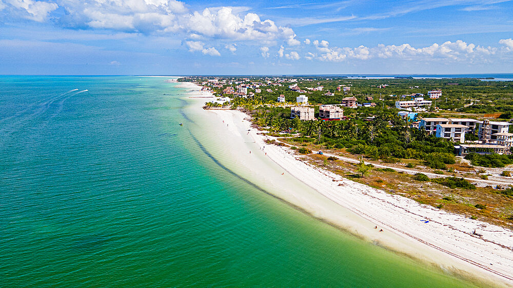 Aerial of the turquoise waters and white sands of Holbox island, Yucatan, Mexico, North America