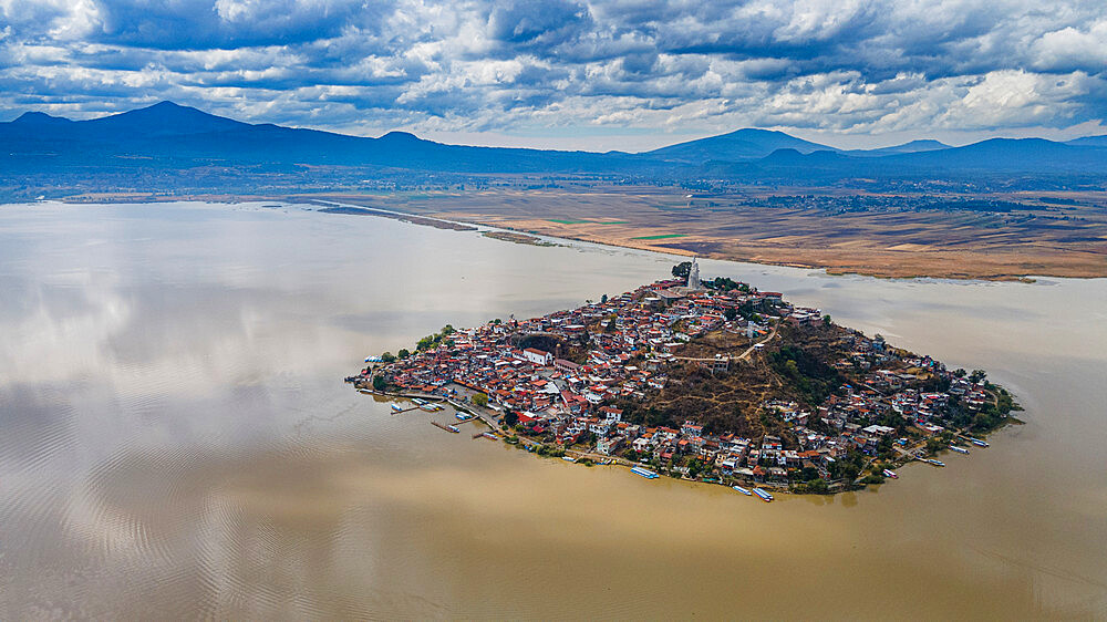 Aerial of the Janitzio island on Lake Patzcuaro, Michoacan, Mexico, North America