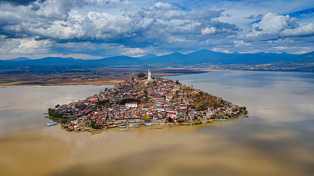 Aerial of the Janitzio island on Lake Patzcuaro, Michoacan, Mexico, North America