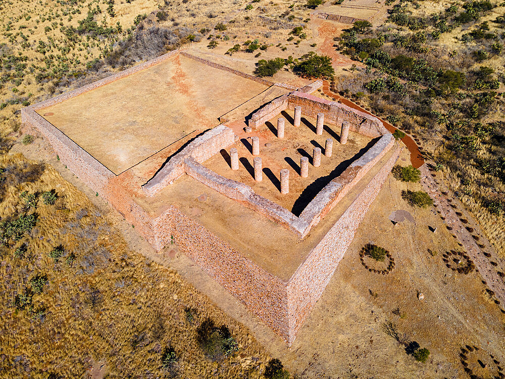 Aerial of the archaeological site of La Quemada (Chicomoztoc), Zacatecas, Mexico, North America