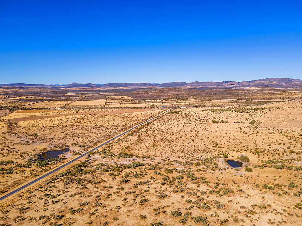 Aerial of the desert at the archaeological site of La Quemada (Chicomoztoc), Zacatecas, Mexico, North America