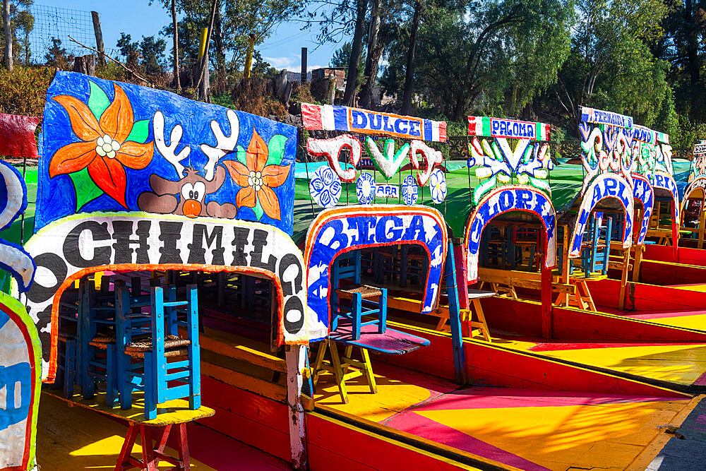 Colourful boats on the Aztec canal system, UNESCO World Heritage Site, Xochimilco, Mexico City, Mexico, North America