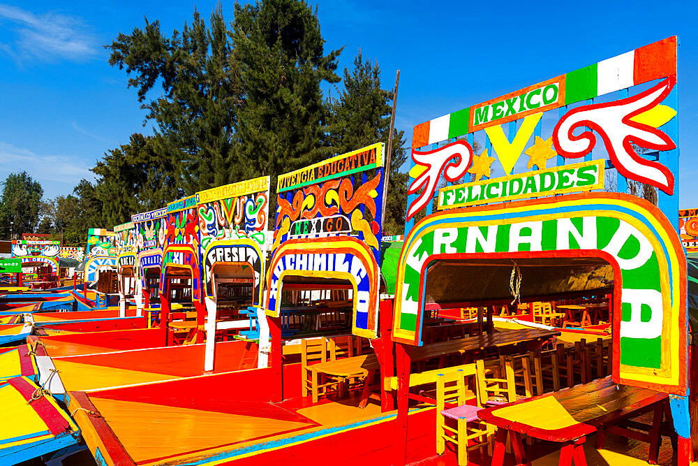 Colourful boats on the Aztec canal system, UNESCO World Heritage Site, Xochimilco, Mexico City, Mexico, North America