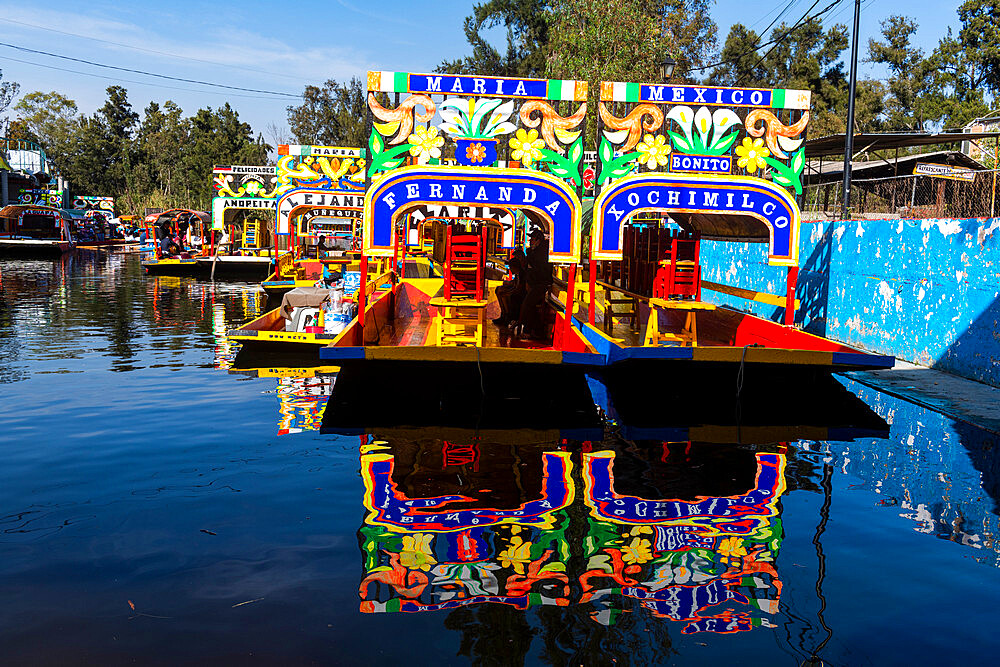 Colourful boats on the Aztec canal system, UNESCO World Heritage Site, Xochimilco, Mexico City, Mexico, North America