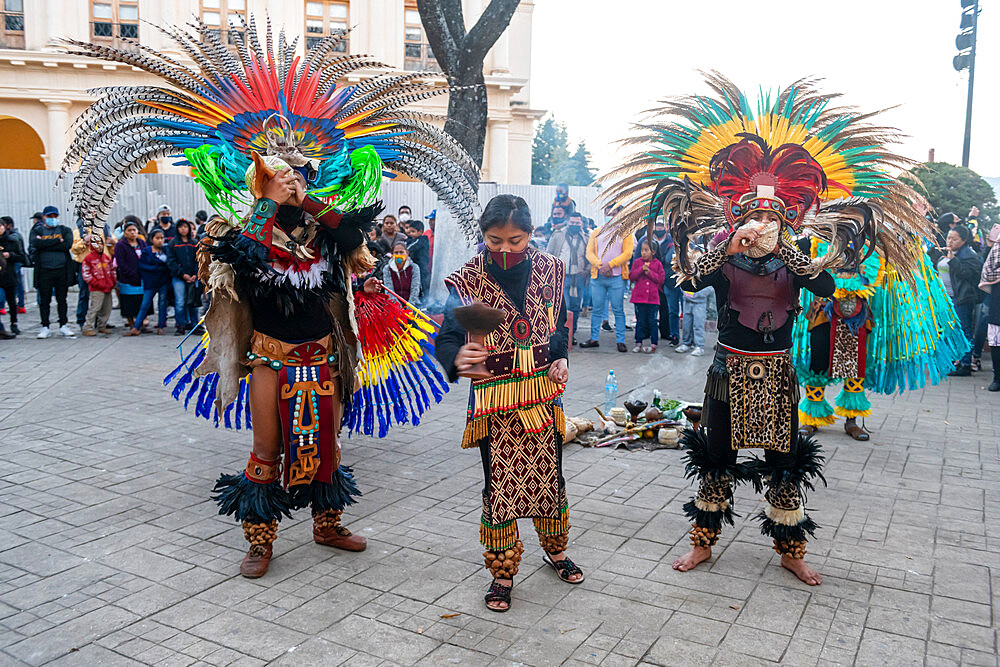 Tzotzil dancers performing for tourists, San Cristobal de la Casas, Chiapas, Mexico, North America