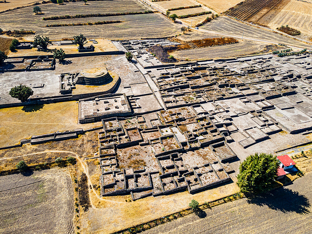 Aerial of the Mesoamerican archaeological site of Tecoaque, Tlaxcala, Mexico, North America