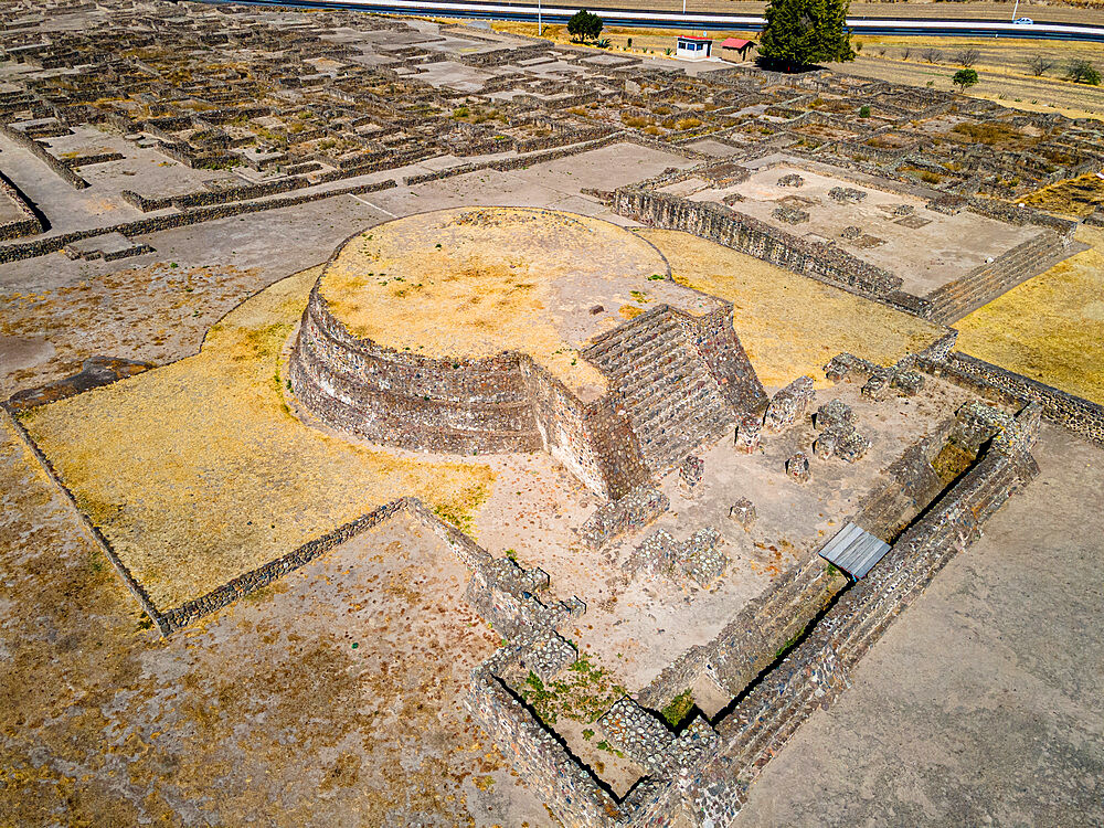 Aerial of the Mesoamerican archaeological site of Tecoaque, Tlaxcala, Mexico, North America