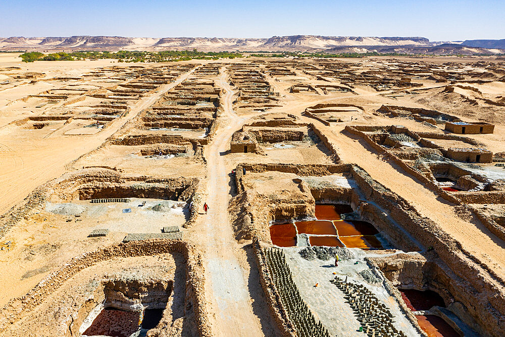 Aerial of the Salinas and their colourful salt pools, Bilma, Tenere desert, Niger, West Africa, Africa