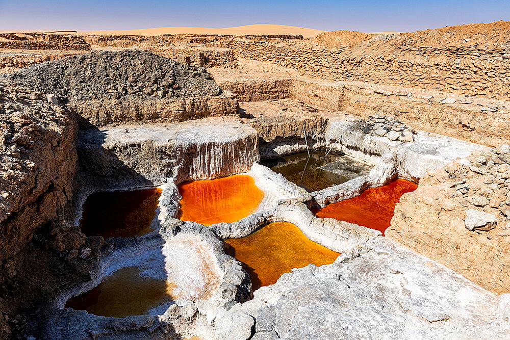 Multi coloured salt pools in the Salt mines of Bilma, Tenere desert, Niger, West Africa, Africa