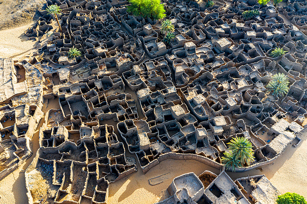 Aerial of the abandoned kasbah, oasis in Fachi, Tenere desert, Niger, West Africa, Africa