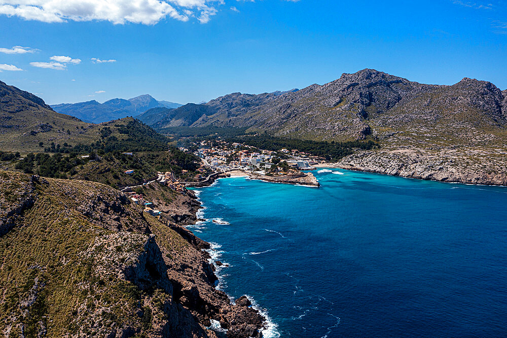 Aerial of Cala Sant Vicenc, Mallorca (Majorca), Balearic Islands, Spain, Mediterranean, Europe