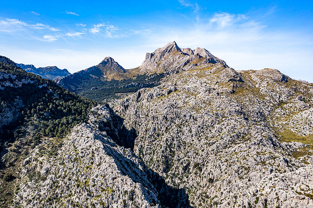 Aerial of the rocky Tramuntana mountains, UNESCO World Heritage Site, Mallorca (Majorca), Balearic Islands, Spain, Europe