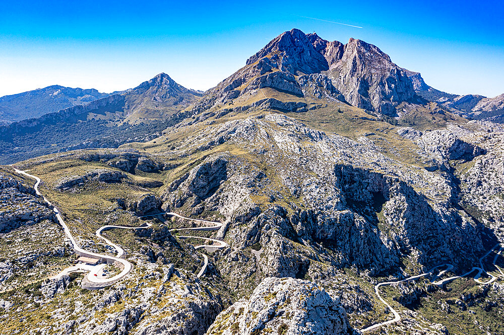 Aerial of the rocky Tramuntana mountains, UNESCO World Heritage Site, Mallorca (Majorca), Balearic Islands, Spain, Europe