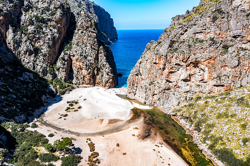 Aerial of Torrent de Pareis, Sa Calobra, Mallorca, Balearic Islands, Spain, Mediterranean, Europe