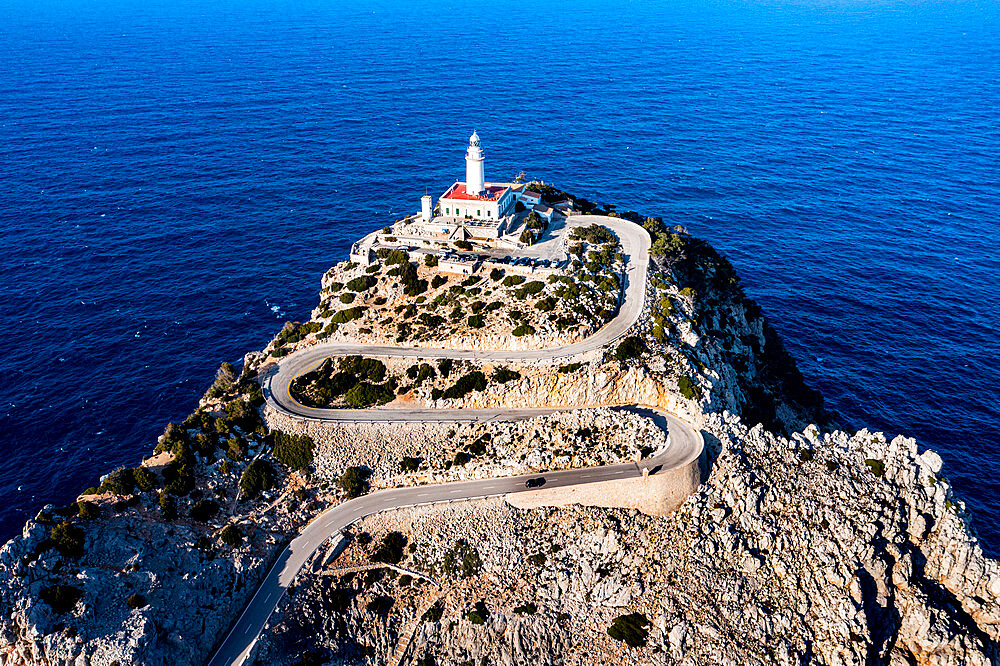 Aerial of the lighthouse at the Cap de Formentor, Mallorca, Balearic Islands, Spain, Mediterranean, Europe